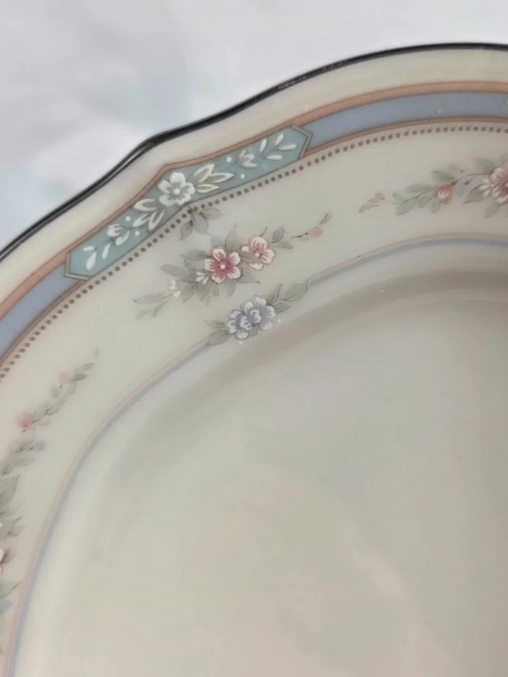 TWO Noritake Rothschild Bread Plates Ivory Blue Band with Pink Flowers